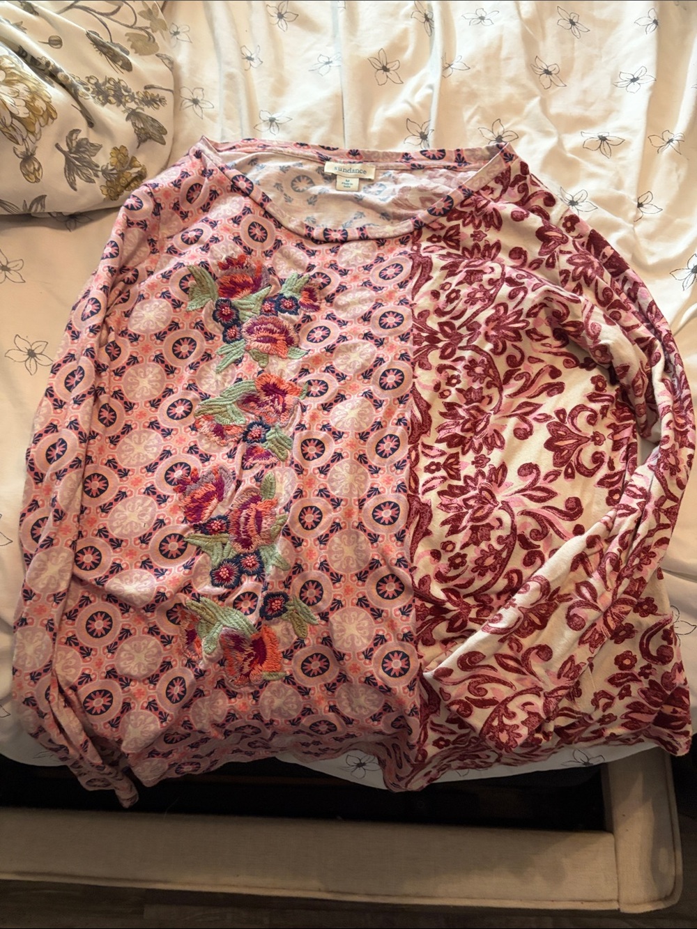Sundance Embroidered Mixed-Print Pink Long-Sleeve Women's Top